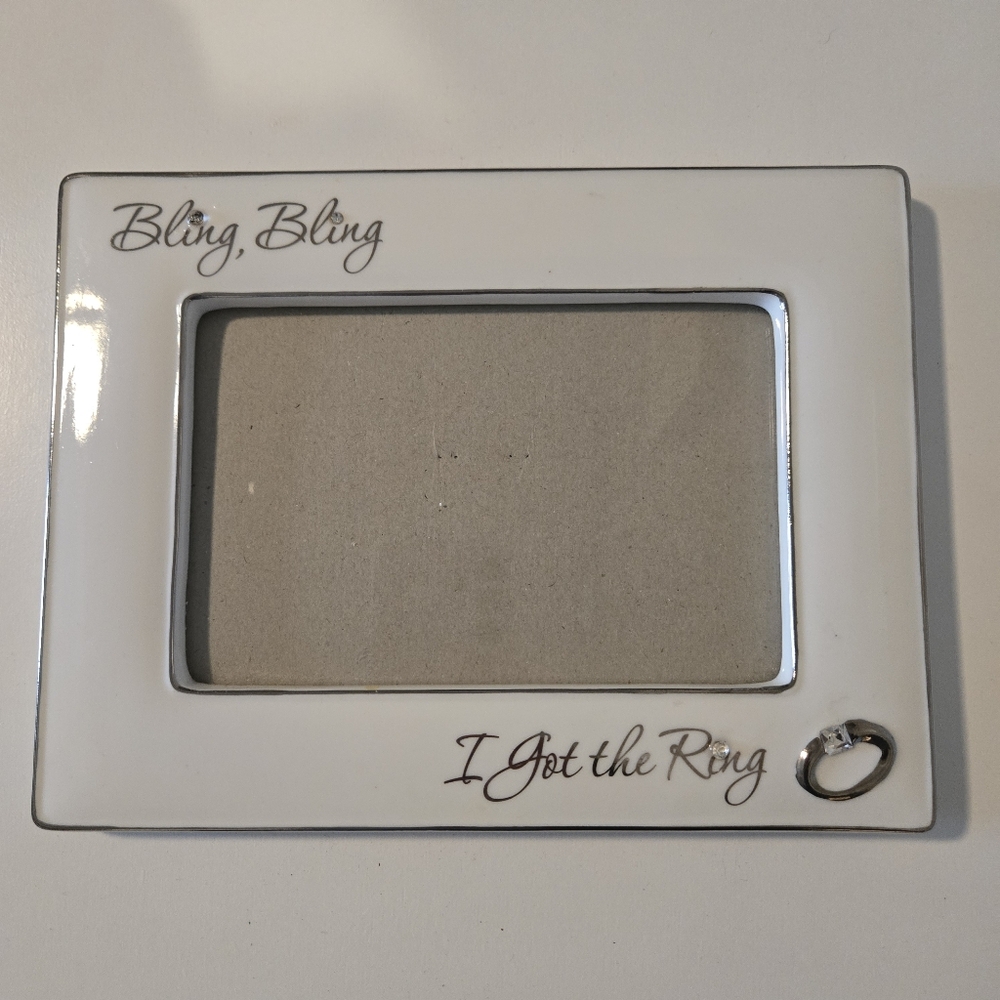 Engagement White Photo Frame "Bling, Bling I Got The Ring" with Crystal Accents